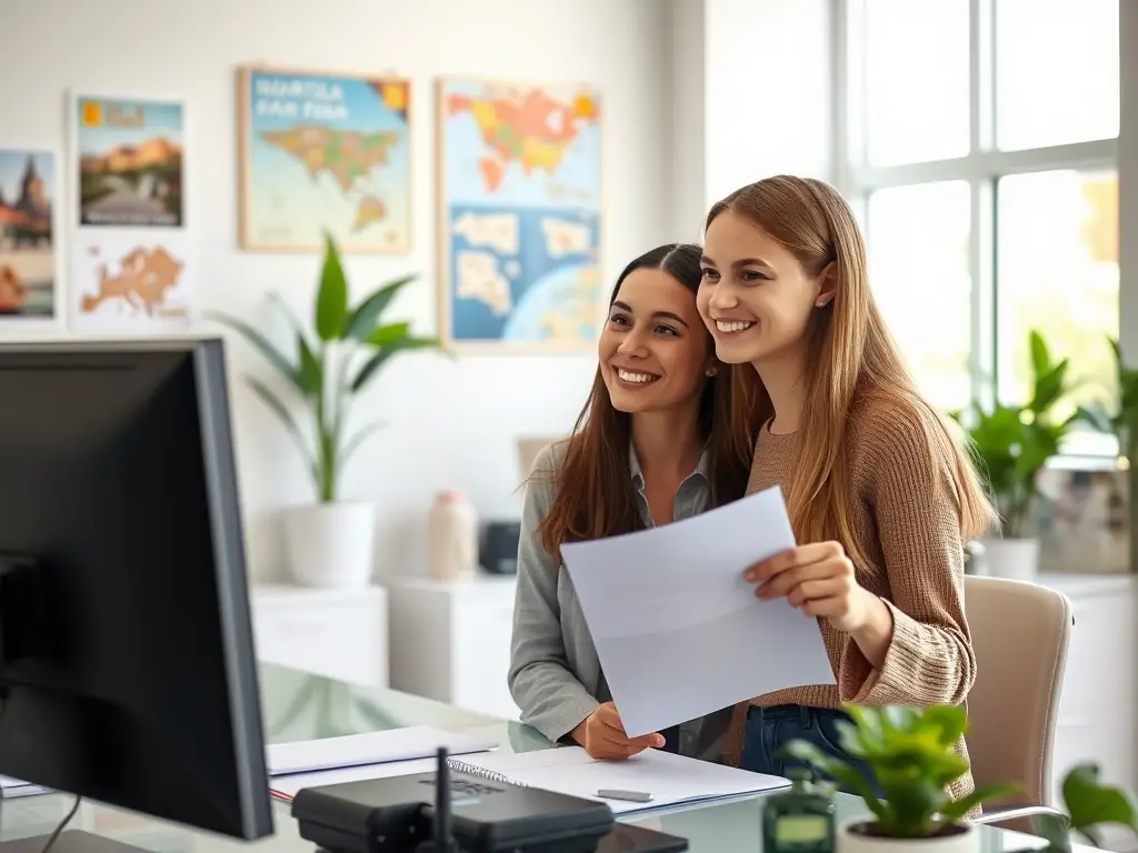 A professional office setting with staff assisting clients with visa applications, showcasing efficiency and expertise.